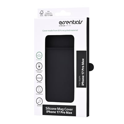 Sort Essentialb-silikonecover til iPhone 17 Pro Max ses på emballagen, der også angiver MagSafe-kompatibilitet.