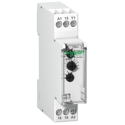 Schneider Electric iRTMF multifunktion tidsrelæ, 18mm bredt, med skrueterminaler og justeringsknapper til tidsindstilling og funktion.