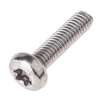 En M5X25 ISO 14583 A2 maskinskrue i rustfrit stål med pan hoved og torx-greb, vist på hvid baggrund.