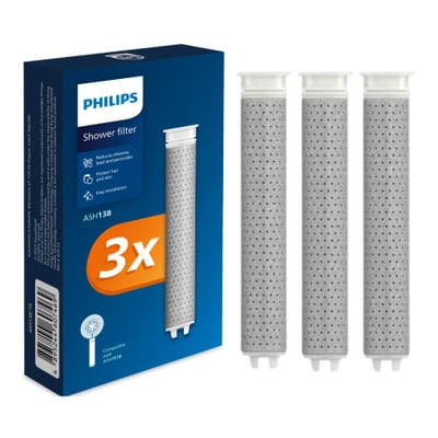 Philips brusehovedfilter ASH138 i 3-pak. Æsken viser 3x og filterne ved siden af i en ren opstilling.
