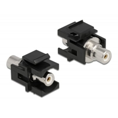 DeLock Keystone modul med RCA hun til RCA hun stik i sort plast, fremviser snap-in montering for lydkabelforlængelse.