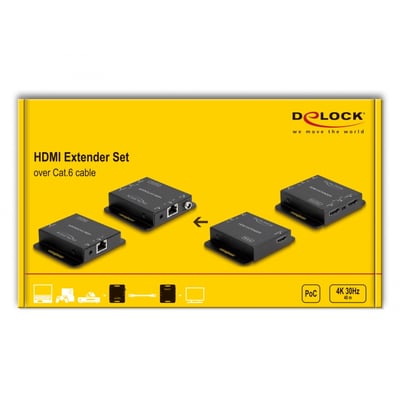 Emballagen til DeLock HDMI-extendersættet viser de sorte sender- og modtagerbokse til Cat.6-kabel og 4K 30 Hz.