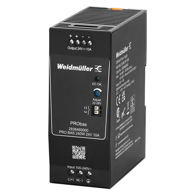 Weidmüller PRO BAS 240W 24V 10A strømforsyning med justeringsknap og tydelig mærkning på siden for produktinformation og godkendelser.
