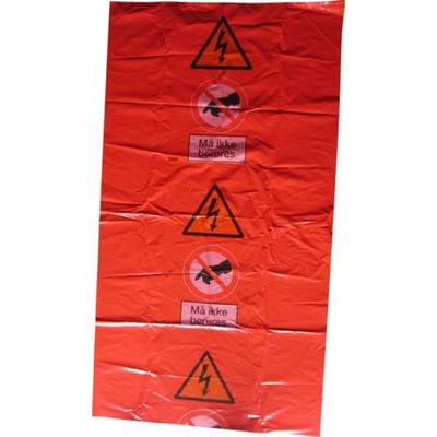 Rød advarselspose fra Dansk Metalvare Fabrik med symboler for fare og forbud, brugt til kabelskab.