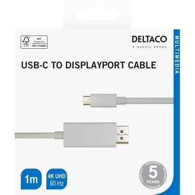 Emballagen til Deltaco USB-C til DisplayPort-kabel viser det hvide 1 meter kabel og angiver 4K UHD ved 60 Hz.