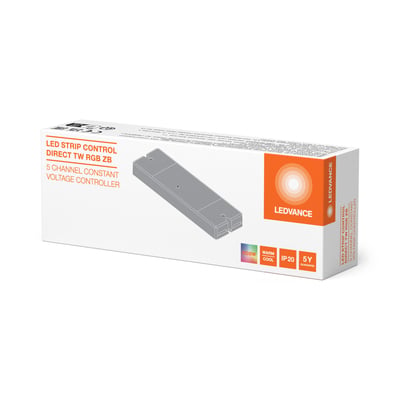 Emballagen til Ledvance Zigbee Direct Easy-styreenheden viser en tegning af den hvide RGB- og TW-controller til LED-bånd.