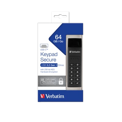 Verbatim Keypad Secure USB-drev med tastatur, 64 GB og USB-C vist på den blå og hvide emballage.