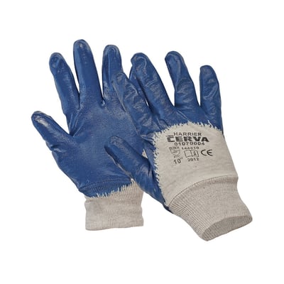 OS dyppet handske m/rib, Harrier nitril i størrelse 10, hvid med blå nitrilbelægning og grå ribkrave.