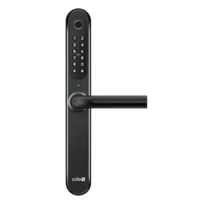 Sort Zafe T-Lock Scandi-dørlås med smalt 39 mm langskilt, fysiske knapper og vandret dørgreb.