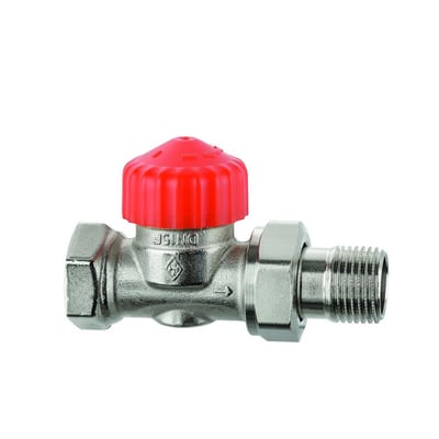 Detalje af IMI Calypso F-Exact lige radiatorventil, der viser DN15 mærkning og forniklede fittings.