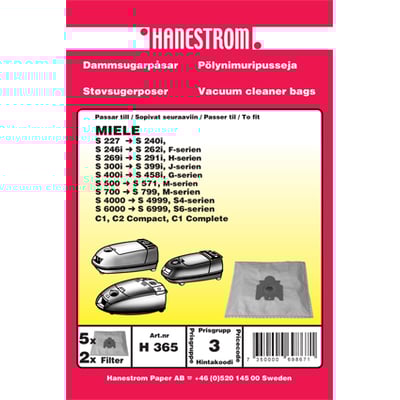 Hanestrom støvsugerposer til Miele S 227-749, 4220, 4580, viser illustrationer af støvsugere og en pose.