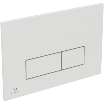 Vinklet billede af Ideal Standard OLEAS hvid dobbeltskyl kontrolplade, viser de to trykknapper og Ideal Standard logo.