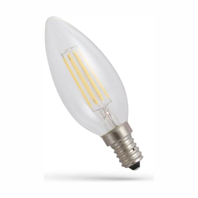 SpectrumLED E14 5,5 W dæmpbar LED-kertepære i C35-form med klart glas og synlige kultråde, vist skråt.