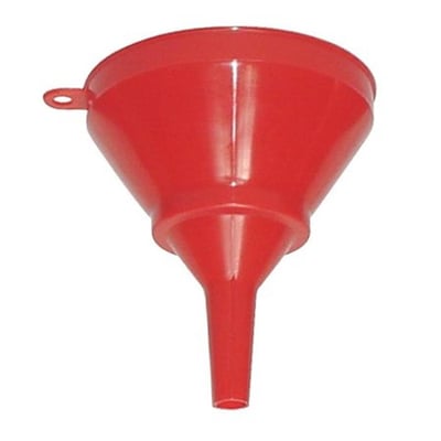 Kabi tragt model 1215, Ø90, vist fra siden i rød PE plast med en praktisk ophængningshank.