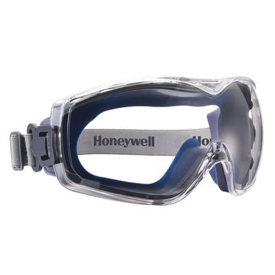 Honeywell DuraMaxx beskyttelsesbriller med klar polycarbonatlinse, blå/grå ramme og komfortabel elastomer tætning.