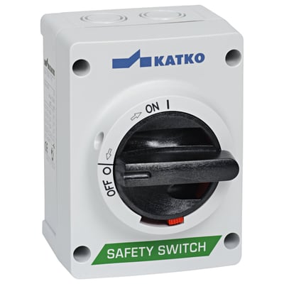 Detaljeret billede af Katko ABS reparationsafbryder, 25A, viser det sorte drejehåndtag med ON/OFF mærkning og IP65-klassificeret hvidt kabinet.