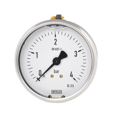 Vakuum manometer fra Wika med Ø100mm rustfrit hus og hvid urskive med tydelige markeringer op til 4 bar.