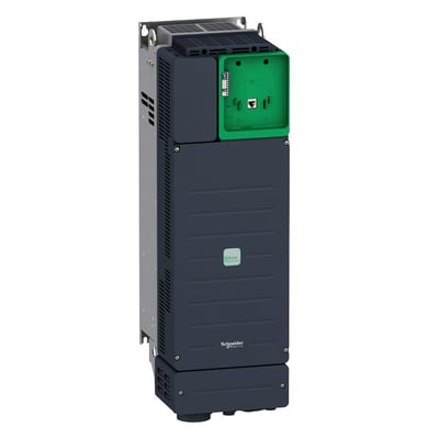 Tættere vinkel af Schneider Electric ATV340 frekvensomformer, der viser frontpanelets detaljer og den grønne Ethernet-port.