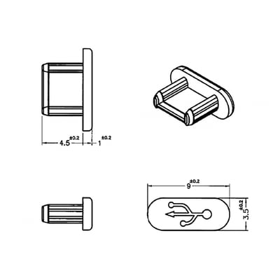 Målskitse af DeLock-støvhætte med greb til USB 2.0 Micro-B hunstik, vist fra flere vinkler.