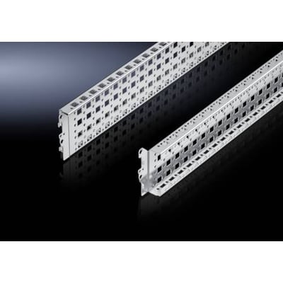 Rittal systemchassis VX 23X89 RF i rustfrit stål med mange monteringshuller, vist på sort reflekterende baggrund.