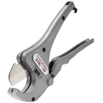 Detaljeret billede af Ridgid plastsaks RC-1625, der viser mærkningen 'RC-1625 1 5/8 OD MAX (42 mm)' og den skarpe klinge.