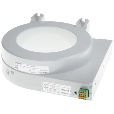 Siemens summationsstrømtransformator type B, 120mm, 100mA 1A med mærketekst og grønne terminaler.