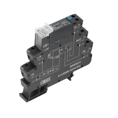 Weidmüller solid-state-relæ til 24 V DC med sort relæbase, gennemsigtig tilslutningsdel og trykte diagrammer, set skråt fra oven.