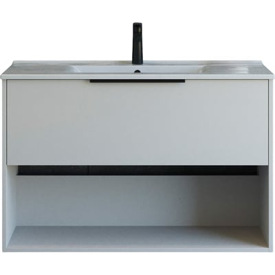 Dansani Mido+ Classic møbelpakke, 101 cm, med glat sand mat front, åben hylde og en integreret hvid Amber vask på hvid baggrund.