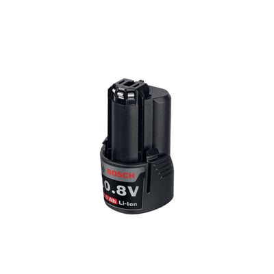 Kompakt Bosch 12V 2.0Ah Li-Ion batteri isoleret på hvid baggrund, viser den sorte plastikkabinet og mærkning.