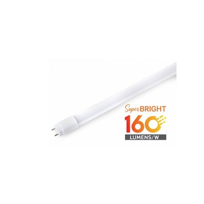 V-TAC T8-Performer150 Evo LED-rør på 150 cm ses skråt med G13-ben og grafik om lysydelsen på 160 lm/W.