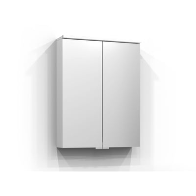 Svedbergs Sarek spejlskab i hvid med to låger og et integreret LED frontlys. Spejlskabet måler 55 cm i bredden og 72 cm i højden, monteret på en hvid væg med skygger.