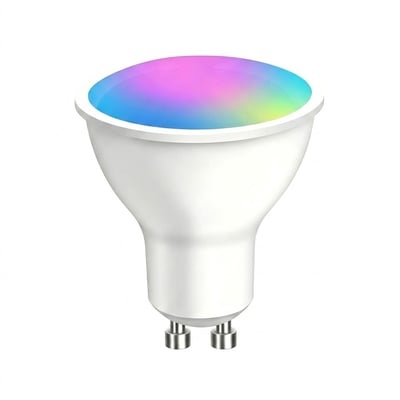 LEDlife Tuya/Smart Life GU10 LED-pære set forfra med farveskiftende lysflade og synlige fatningsstifter.