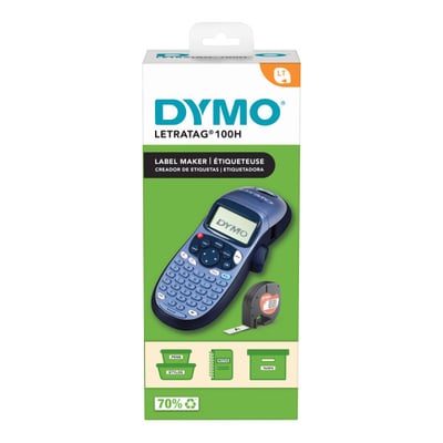Dymo LetraTag 100H ABC label maker i pakke med grøn og hvid grafik, der viser etikettering af beholdere.