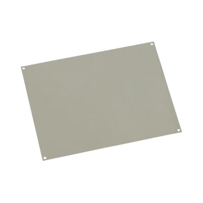 Uriarte PP64 montageplade i grå polyester med målene 540 x 360 mm, vist på hvid baggrund med fire forborede huller.