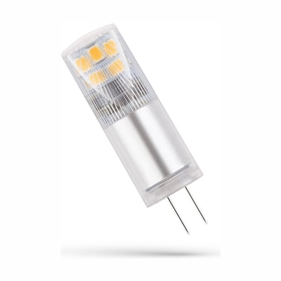 SpectrumLED G4 LED-pære på 2,5 W med varm hvid belysning og to lige stikben, set skråt forfra.