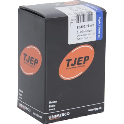Karton emballage med Tjep ES-500 klammer på 25mm, elgalvaniseret og 2400 stk. i pakken.