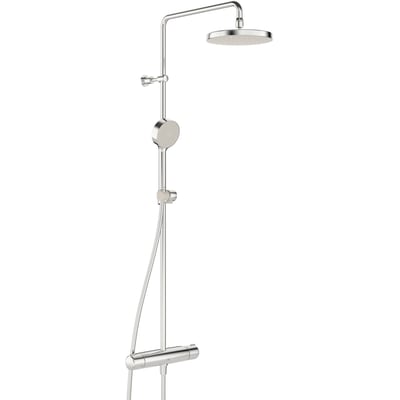 Oras Nova Rain brusesystem i blank krom med termostat, rund hovedbruser og rund håndbruser.