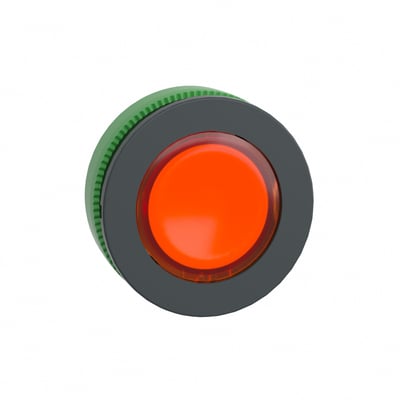 Schneider Electric Harmony XB5/ZB5 flush trykknaphoved med orange LED-lys og en plan trykflade, monteret på en grøn baggrundsring.