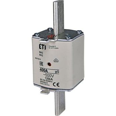 ETI NH2 NV2 patronsikring med 400A strømstyrke, DIN2 standard og 500V spænding, vist på hvid baggrund.