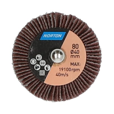 Norton slibevift på skaft Metal R207PLUS med brune slibelameller, set forfra; P80 og Ø40 mm.