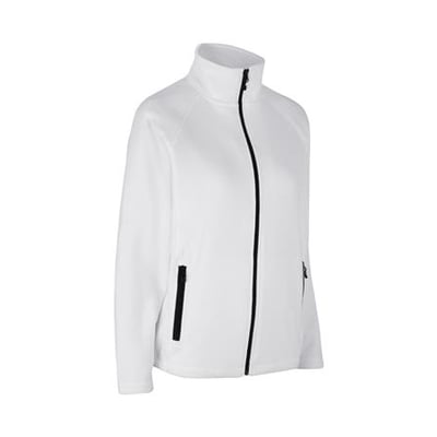 Hvid fleece cardigan til damer fra ID Identity i størrelse 3XL med lynlås og sorte detaljer.