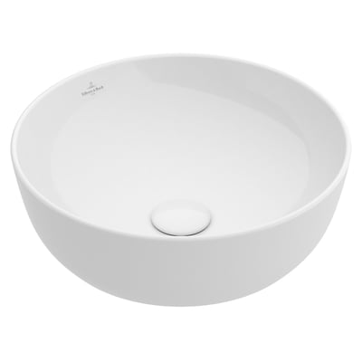 Rund, hvid Villeroy & Boch Artis 4179 bordstående håndvask med synligt afløbsdæksel, Ø 43 cm.