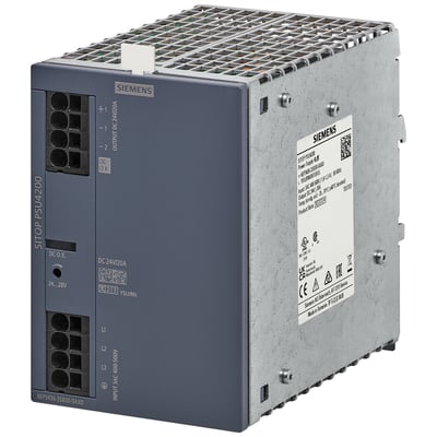 Siemens SITOP PSU4200 stabiliseret strømforsyning i grå og metal, med tydelige mærkater for input og output.