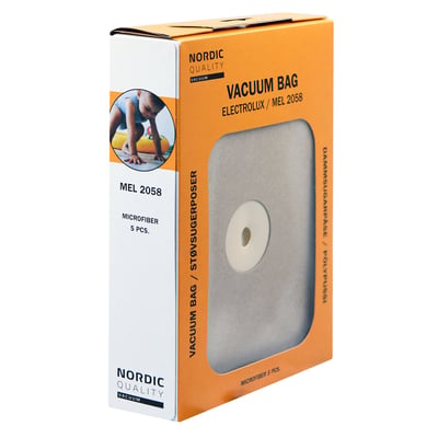 Orange papkasse med Nordic Quality logo og teksten Vacuum Bag Electrolux/MEL 2058, der viser 5 microfiber støvsugerposer.