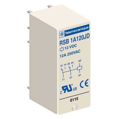 Telemecanique RSB 1A120JD stikbensrelæ med 12VDC, 12A 250VAC og 1C/O kontakt, hvid med blå detaljer.