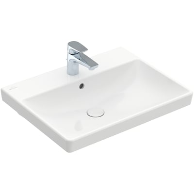 Hvid, firkantet Villeroy & Boch Avento 60 håndvask med hanehul og overløb, set skråt ovenfra.
