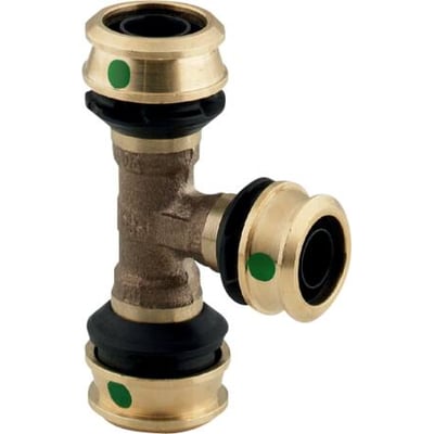 Viega Raxofix T-stykke i messing med tydelige grønne mærker, dimensioner 40x20x40mm, fremviser SC-Contur og monteringsklar design.