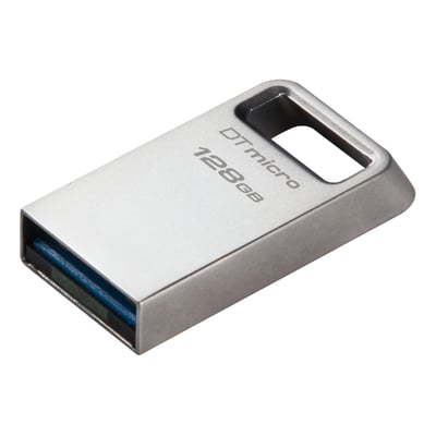Kingston DataTraveler micro USB-hukommelse på 128 GB i sølv, set skråt med USB-stik og hul til ophæng.
