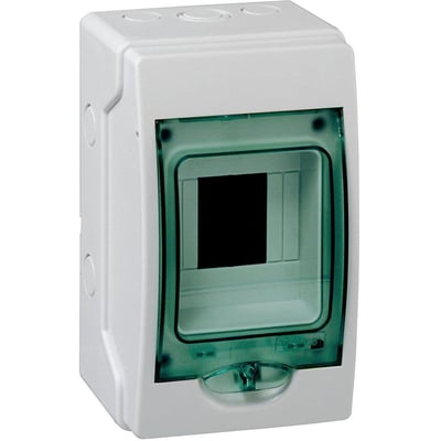 Schneider Electric Kaedra fordelingstavle 1R 4M med IP65-beskyttelse, hvid med grønt gennemsigtigt låg og synlige monteringsdetaljer.