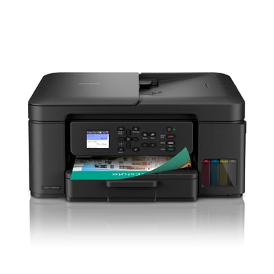 Brother DCP-T780DW sort A4-inktankprinter med print, scan og kopi, vist forfra med farvedisplay og synlige blæktanke.